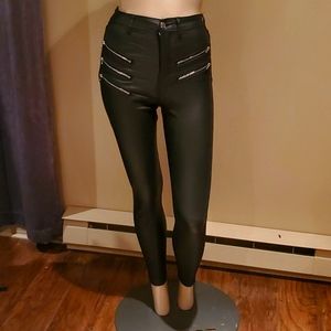 New Missguided Coated Denim Zipper Biker Skinny Jeans Faux Leather